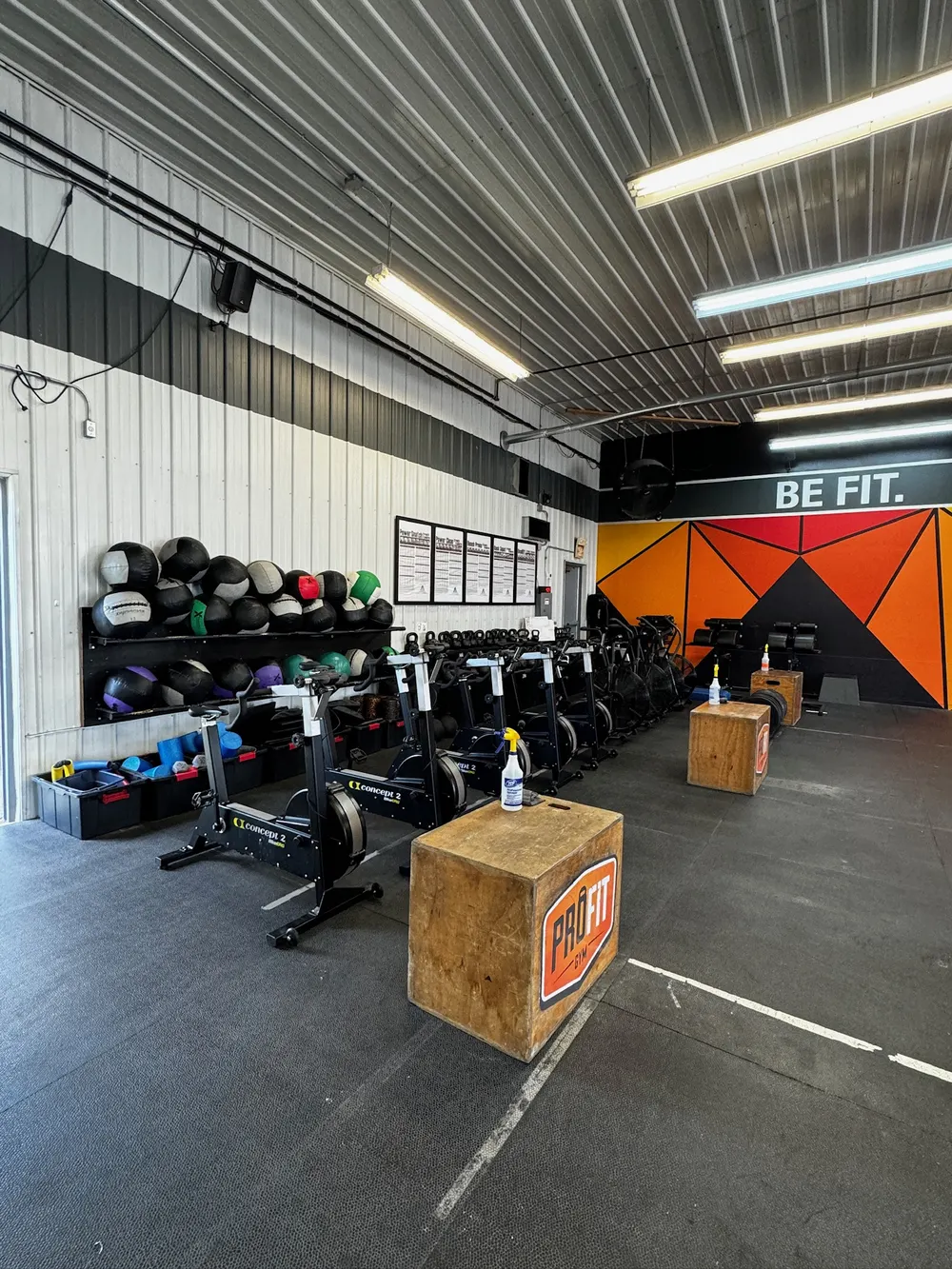 Inside Pro-Fit Gym — turf, rowers, bikes and the Be Fit wall